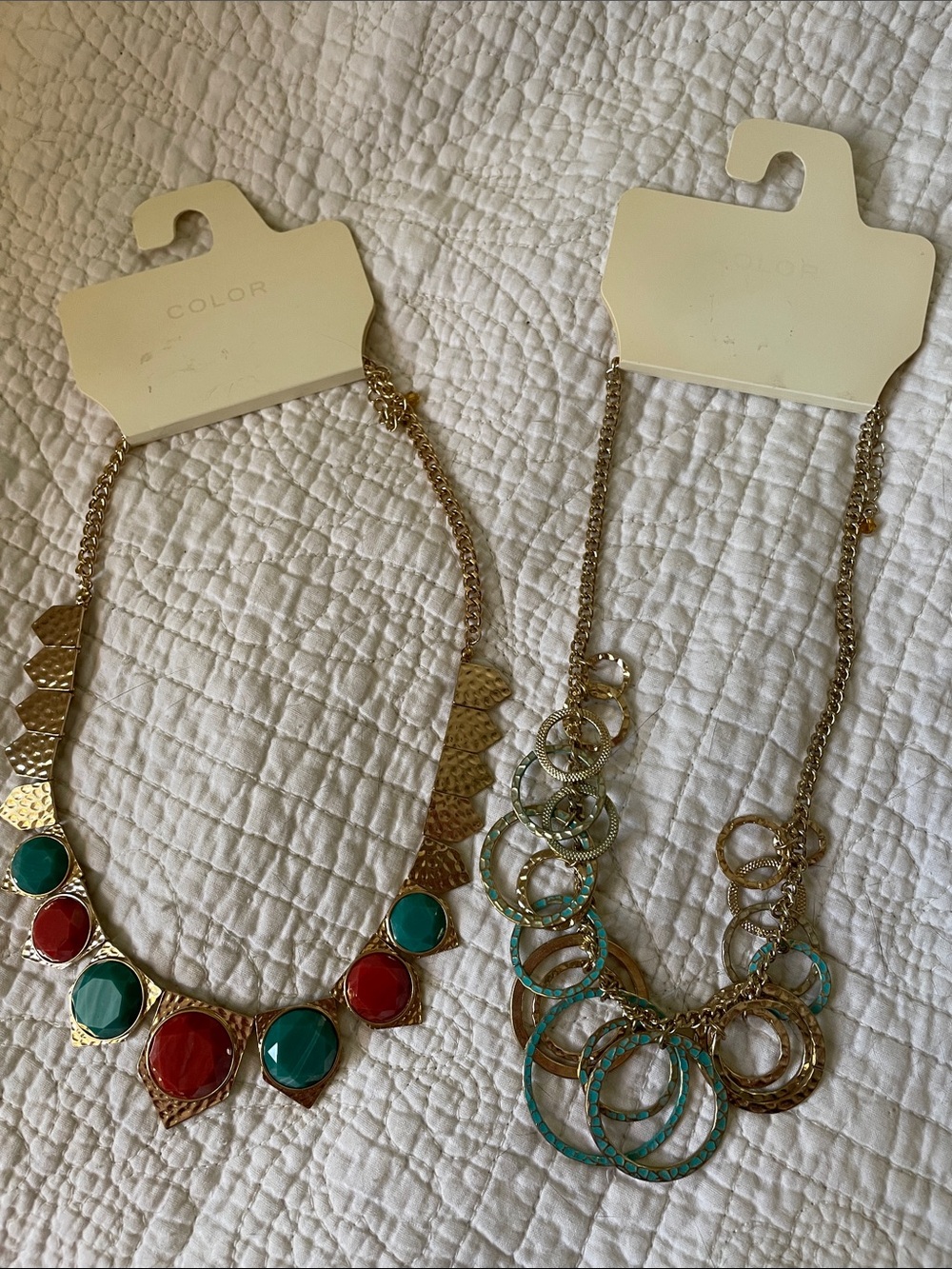 Pair of Gold-Tone Necklaces with Red & Teal / turquoise Accents nwt
